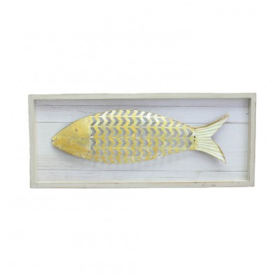 Antique Wood Frame Wrought Iron Yellow Fish Wall Art Decor, Vintage wood decor